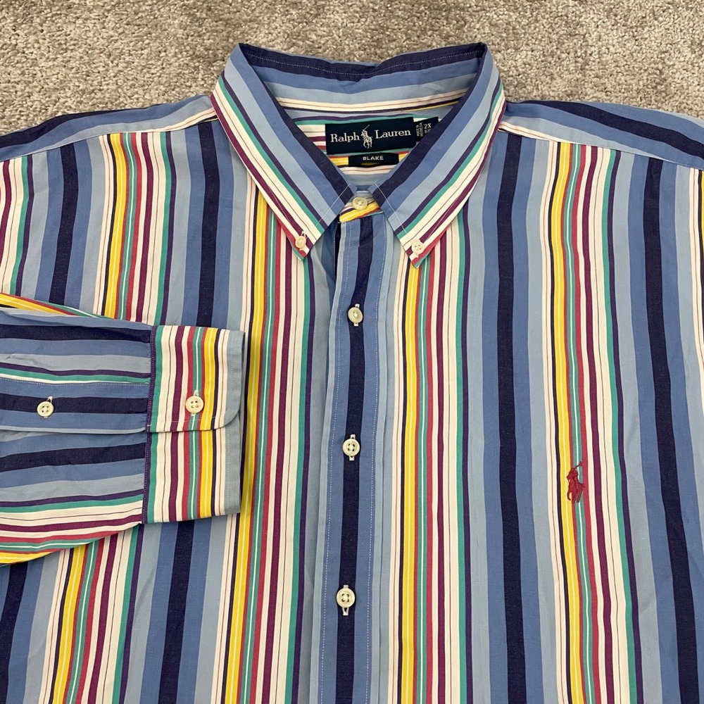Ralph Lauren Dress Shirt Mens 2XB Blake Button Down Multi Striped Blue Cotton